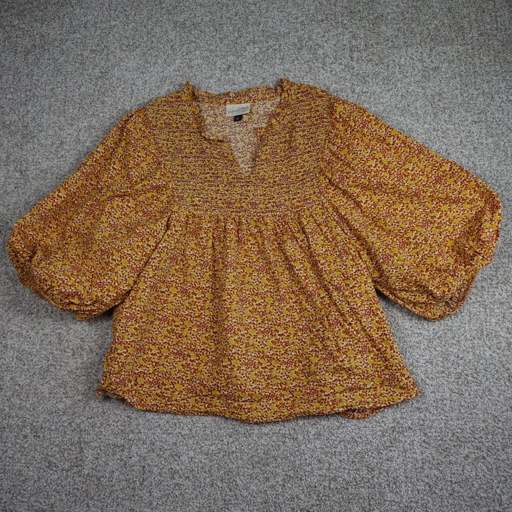 Universal Thread Floral Smocked Balloon Sleeve Top XXL Yellow Orange Boho Blouse - Picture 2 of 5